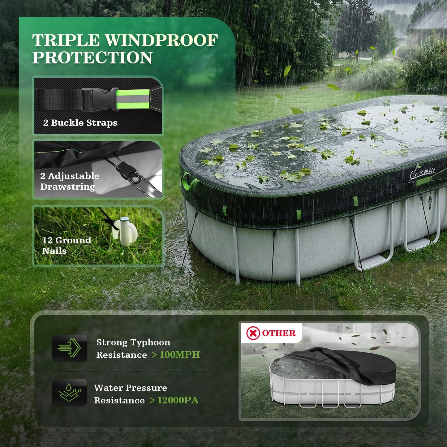 UIRWAY 500D Pool Cover 10x16FT Oval [2026 Upgraded Heavy Duty Fabric] Solar Pool Covers for Above Ground Pools, Swimming Pool Covers Including Windproof Straps and Luminous Ground, UV Resistant