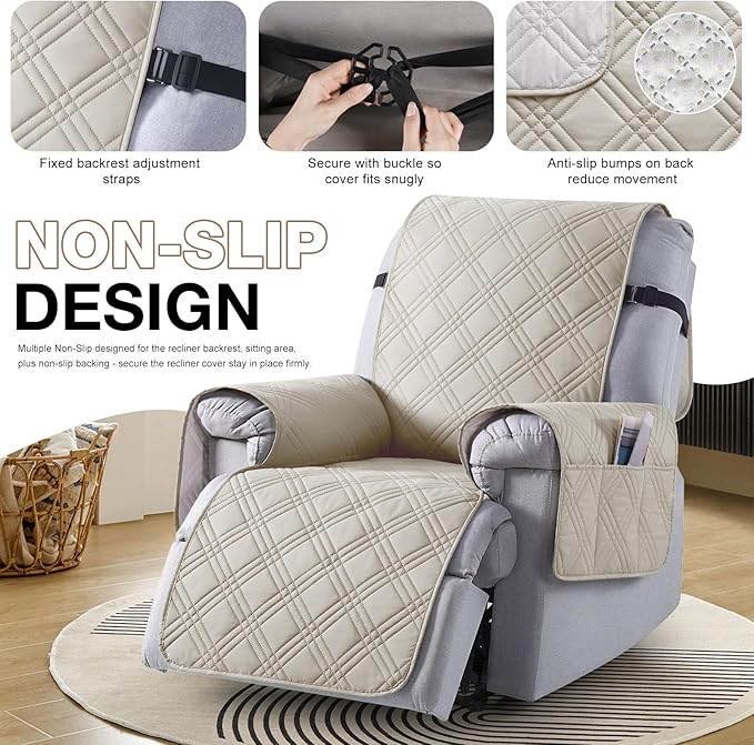 TAOCOCO Waterproof Recliner Chair Covers 30 Inch Wide, Oversized Recliner Covers for Recliner Chair with Pocket, Recliner Slipcovers with Straps Furniture Protector for Kids Pets (30'', Cream)