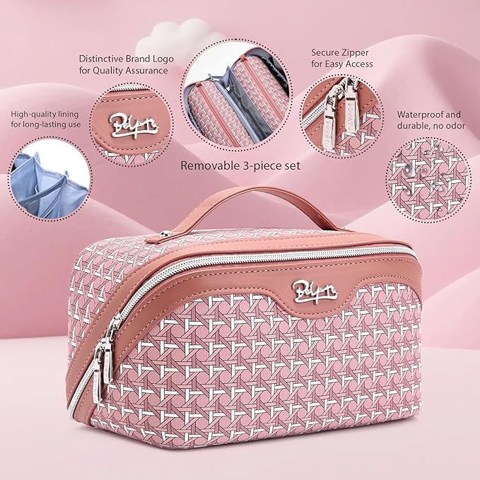 BOYATU Travel Makeup Bag Cosmetic Bags for Women: Large Capacity 3 Pcs Set Make up Bag with Compartments - Waterproof Vegan Leather Toiletry Organizer Bags with Handle (M-79Pink)