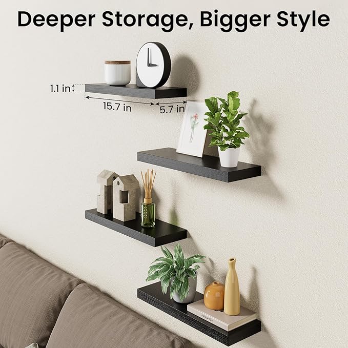 BAYKA Floating Shelves for Wall, 15.7in Wall Mounted Rustic Wood Shelves for Bathroom, Bedroom, Living Room, Kitchen, Hanging Shelf for Books/Storage/Room Decor with 22lbs Capacity (Black, Set of 4)