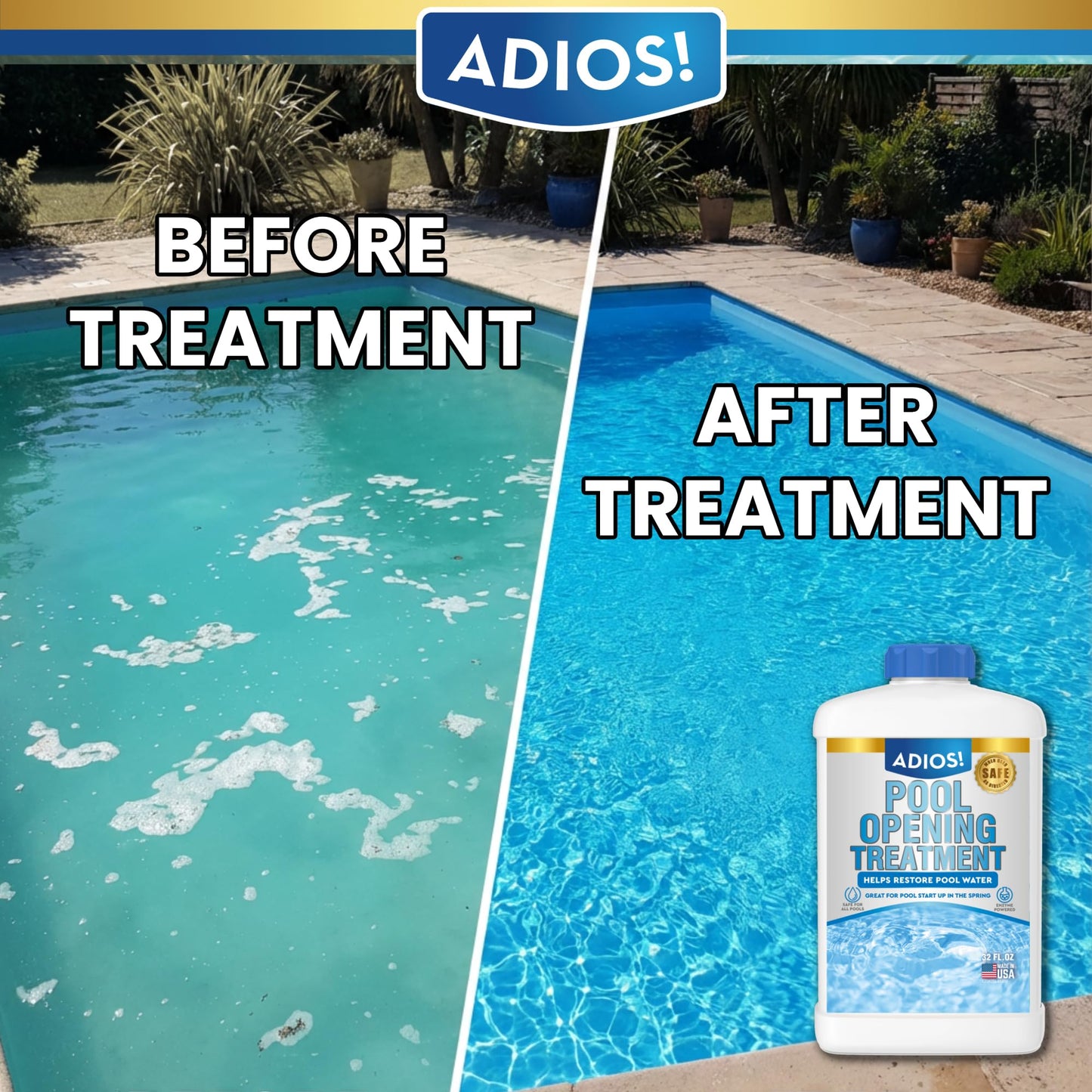 Adios! Pool Opening Treatment - Starter Enzymes for Above Ground Pools and Inground, Treats 40,000 Gallons for Winter Start Up Chemicals - 32oz (Quart)