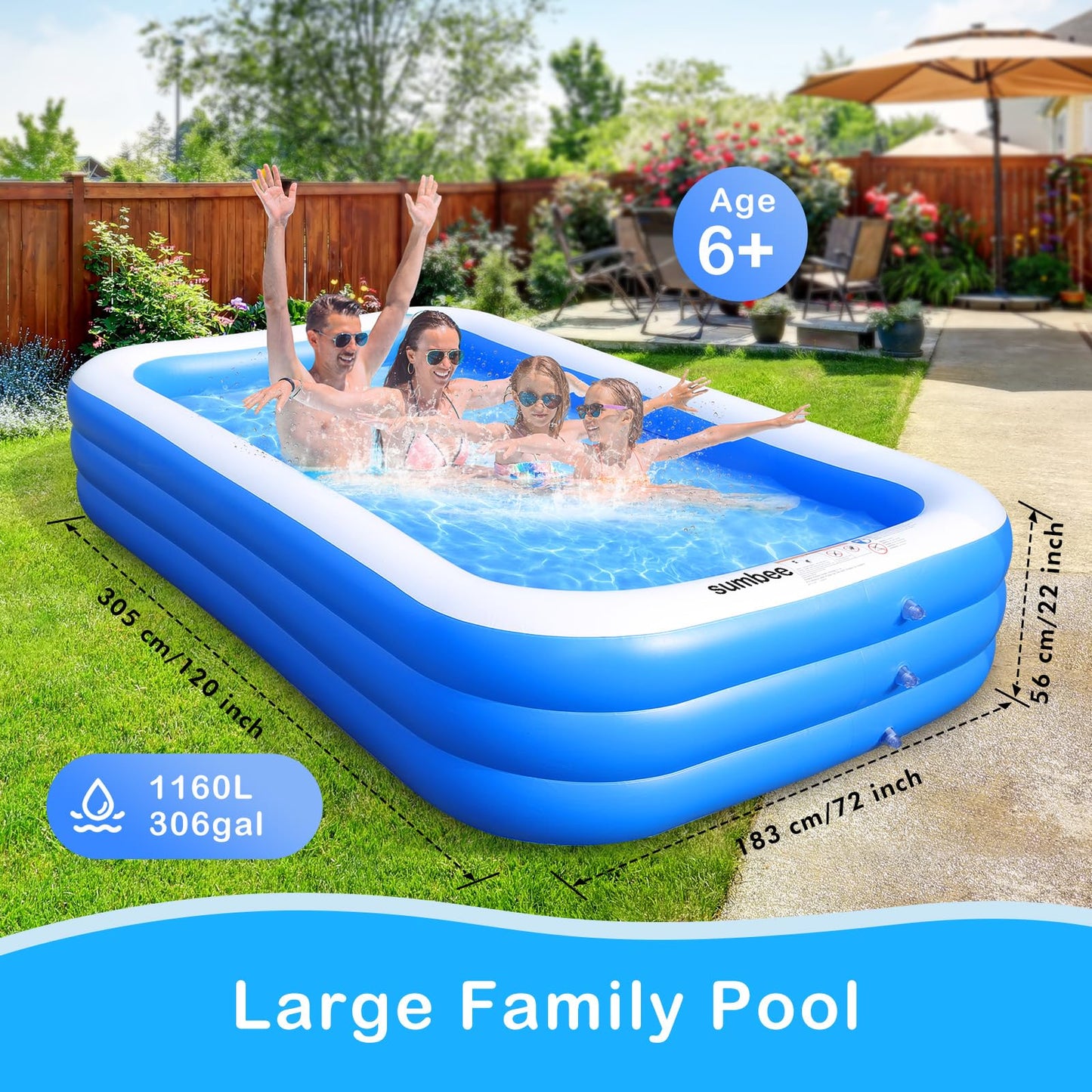 Sumbee Inflatable Pool for Kids and Adults, 120" x 72" x 22" Oversized Thickened Blow Up Family Swimming Pool for Outdoor Patio Backyard Garden Deck Summer Party Full Size Blue