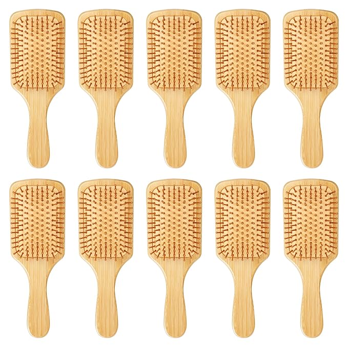 10 Pcs Bamboo Hair Brush, Bulk Round-tipped Bamboo Bristles Detangling Brush Paddle Lightweight Massage Anti Static for Women Men and Children, Stimulates Scalp for Hair Growth (Small, Count, 10)