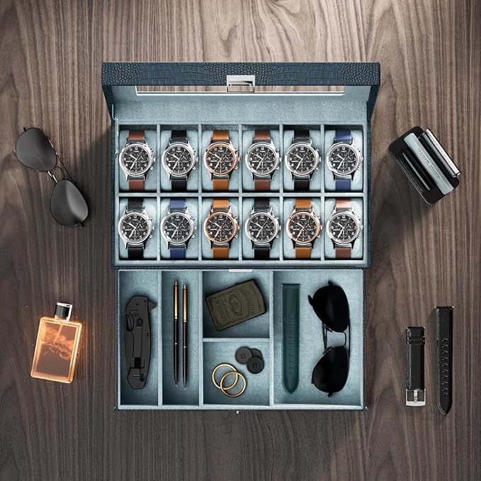 ProCase Watch Box, 12 Slot Mens Watch Case With Drawer, 2-Layer Watch Display Case With Glass Lid, Mens Jewelry Box Storage Holder Organizer, Birthday Valentine Gifts for Men -12Slot, CrocCobaltBlue