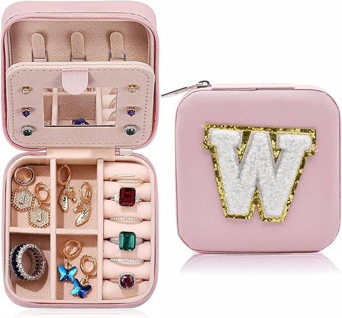 MODENGKONGJIAN Travel Jewelry Case for Women Fashion, Ring Necklace Earring Jewelry Holder Organizer Box, Small Portable Jewellery Storage, Initial W