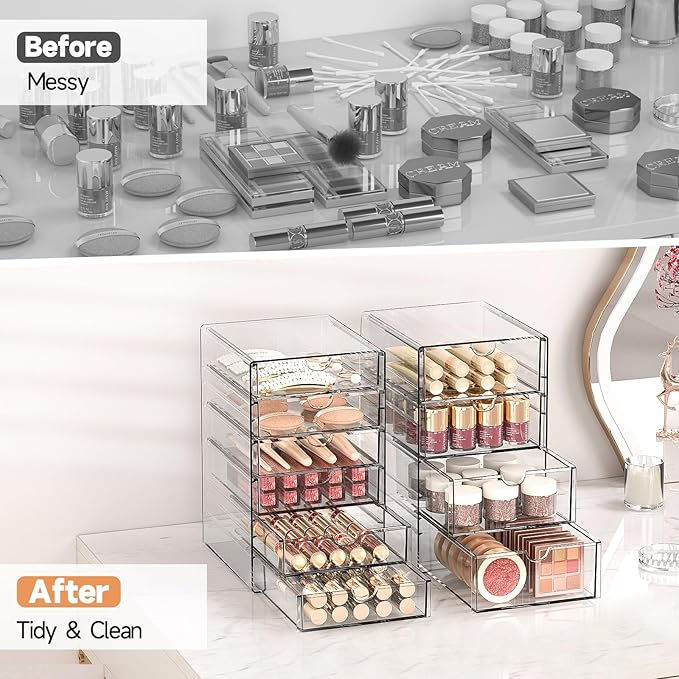 Makeup Drawer Storage Organizer with 13 Drawers, 3 Set Acrylic Office Desk Organization and Storage, Dustproof Drawer Organizer for Makeup, Office, Countertop, Jewelry, Pen, Desktop, Bathroom, Bedroom
