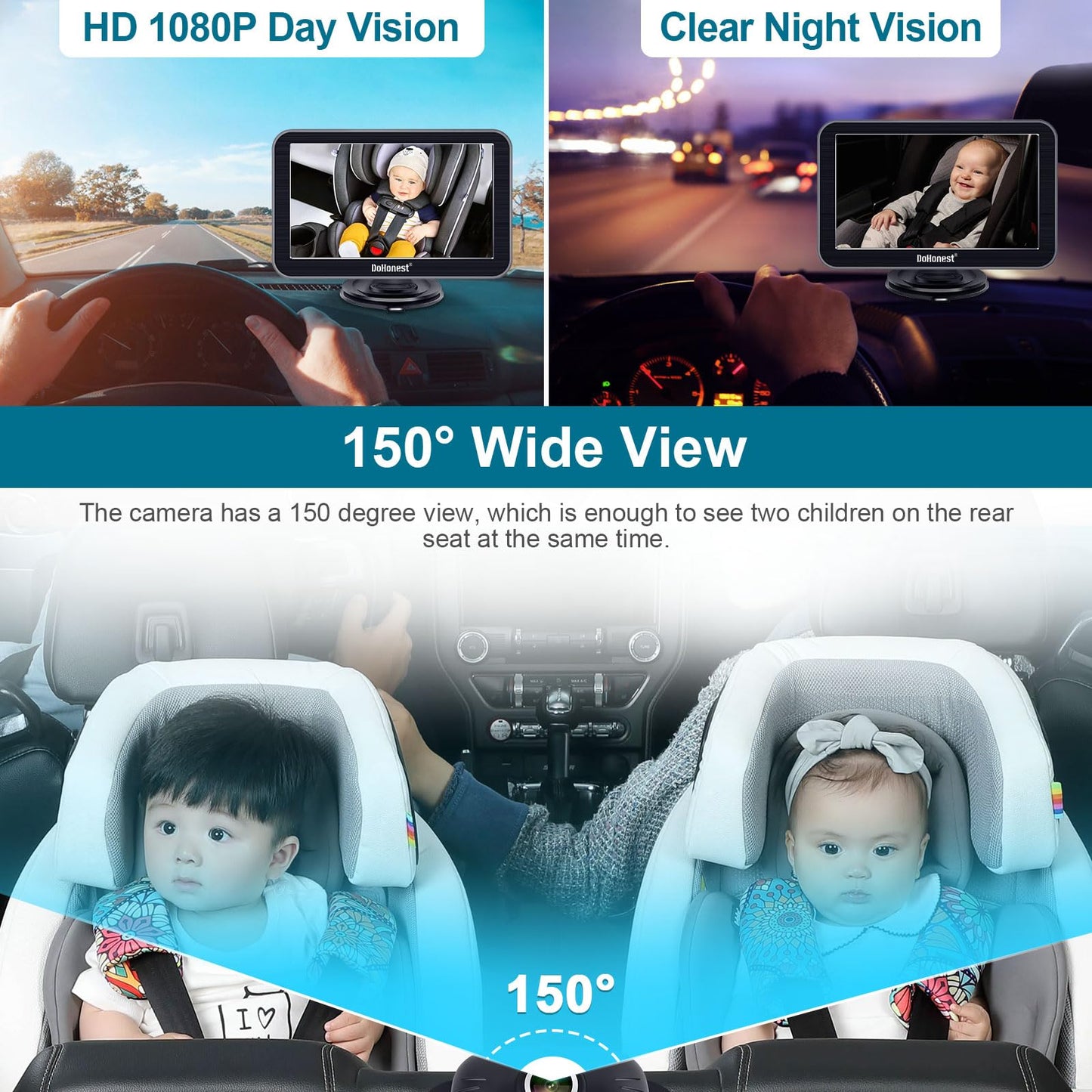 DoHonest Baby Car Camera 7-Inch: USB Plug and Play Easy Setup 360 Degree Rotating Backseat Camera Two Kids HD 1080P Rear Facing Car Seat Cameras Clear Night Vision -V9