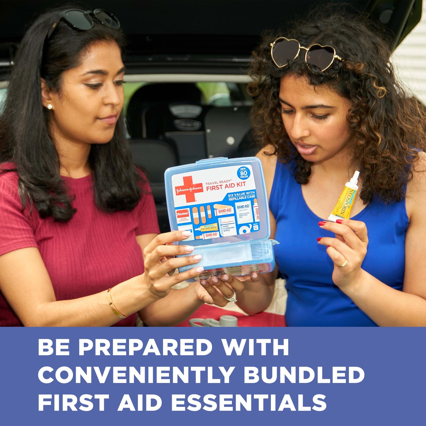 BAND-AID Brand Travel Ready Portable Emergency First Aid Kit, Minor Wound Care, Perfect for Home, Car, Camping, Travel & Outdoor Essentials, Supplies Include Bandages, Neosporin & Tylenol, 80 Piece