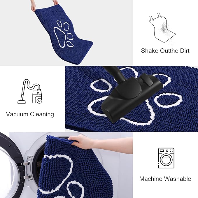 Smiry Dog Door Mat for Muddy Paws, Absorbent Dirt Trapper Non Slip Quick Dry Washable Chenille Mat for Mud Dogs, Entry Rug for Indoor and Outdoor (47x24 Inches, Navy Blue and White)