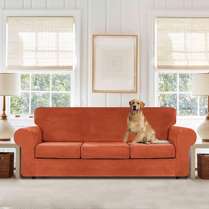 WEERRW 4 Pieces Velvet High Stretch Couch Covers for 3 Cushion Couch Sofa Slipcovers, Washable Furniture Protector with Non Slip Elastic Bottom, Feature Soft and Thick Plush Fabric, Pumpkin, Large