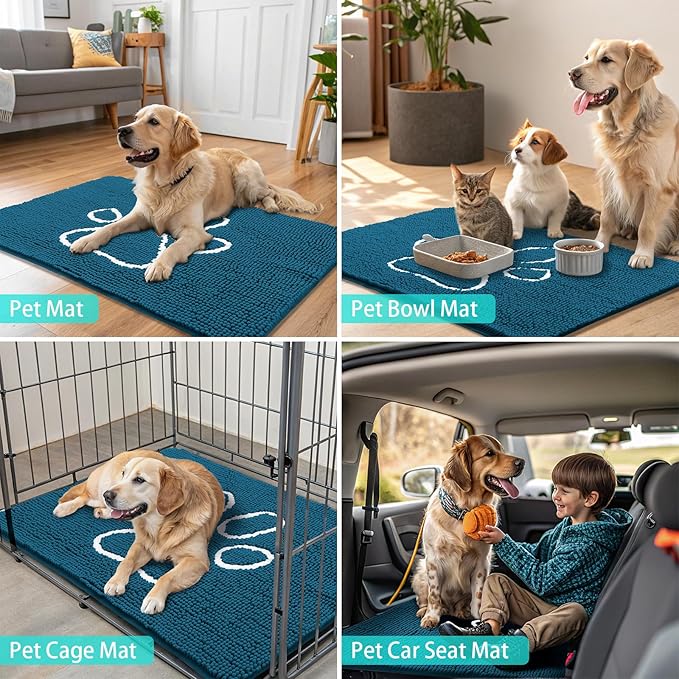 Smiry Dog Door Mat for Muddy Paws, Absorbent Dirt Trapper Non Slip Quick Dry Washable Chenille Mat for Mud Dogs, Entry Rug for Indoor and Outdoor (24x16 Inches, Atlantic Blue and White)