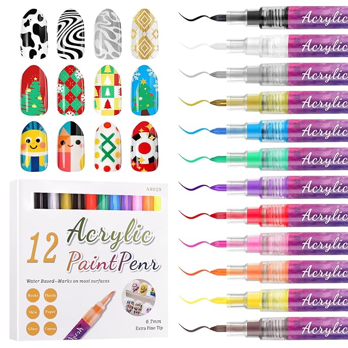 12 Color 0.7MM Nail Art Pens Set, Kalolary 3D Nail Polish Pens Quick Drying Acrylic Paint Nail Art Markers Drawing Painting Liner Brush for Nail Art Design Home & Salon Nails DIY