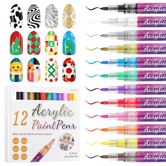 12 Color 0.7MM Nail Art Pens Set, Kalolary 3D Nail Polish Pens Quick Drying Acrylic Paint Nail Art Markers Drawing Painting Liner Brush for Nail Art Design Home & Salon Nails DIY