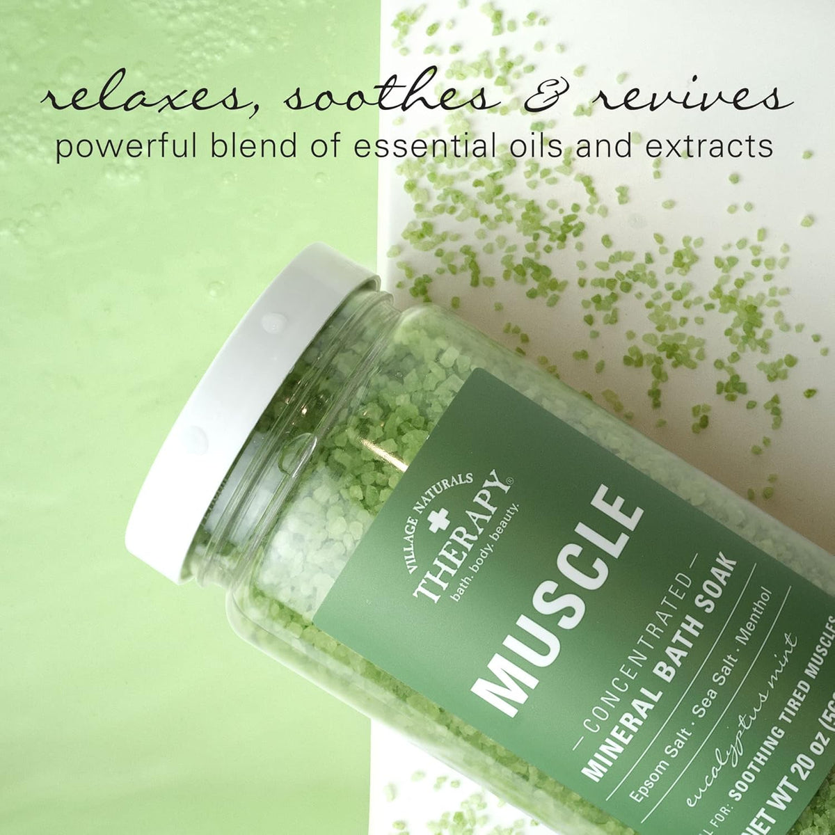 Village Naturals Therapy, Muscle Concentrated Mineral Bath Soak, Eucalyptus Mint Scent, 20 oz, Pack of 4
