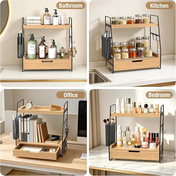 2 Tier Bathroom Counter Organizer Wood - Tiered Bathroom Countertop Shelf with Drawer, Removable Basket & 2 Hooks, Makeup Vanity Organizer for Skincare Perfume Toiletries, 13'' Wood