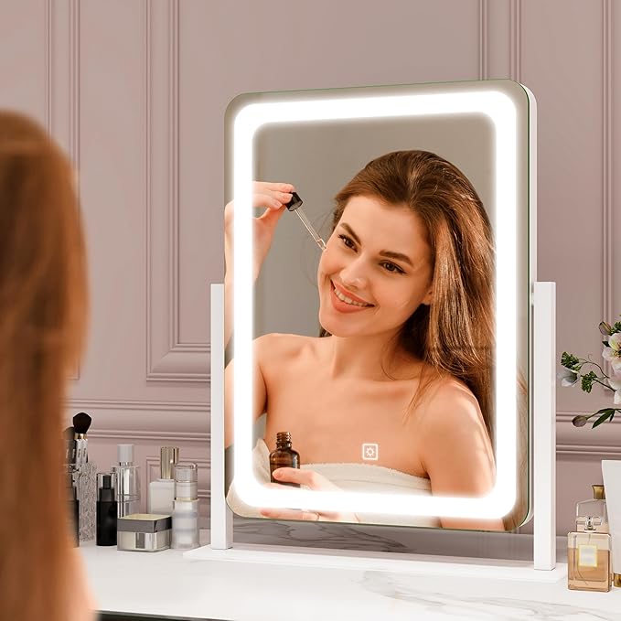 ROLOVE Vanity Mirror with Lights, 12.6"x15" LED Makeup Mirror with Lights, Smart Touch Control 3 Color Dimmable, Lighted Desk Mirror for Bedroom, Light Up Mirror