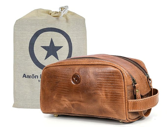 10" Premium Leather Toiletry Travel Pouch With Waterproof Lining | King-Size Handcrafted Vintage Dopp Kit By Aaron Leather Goods (Cerulean)