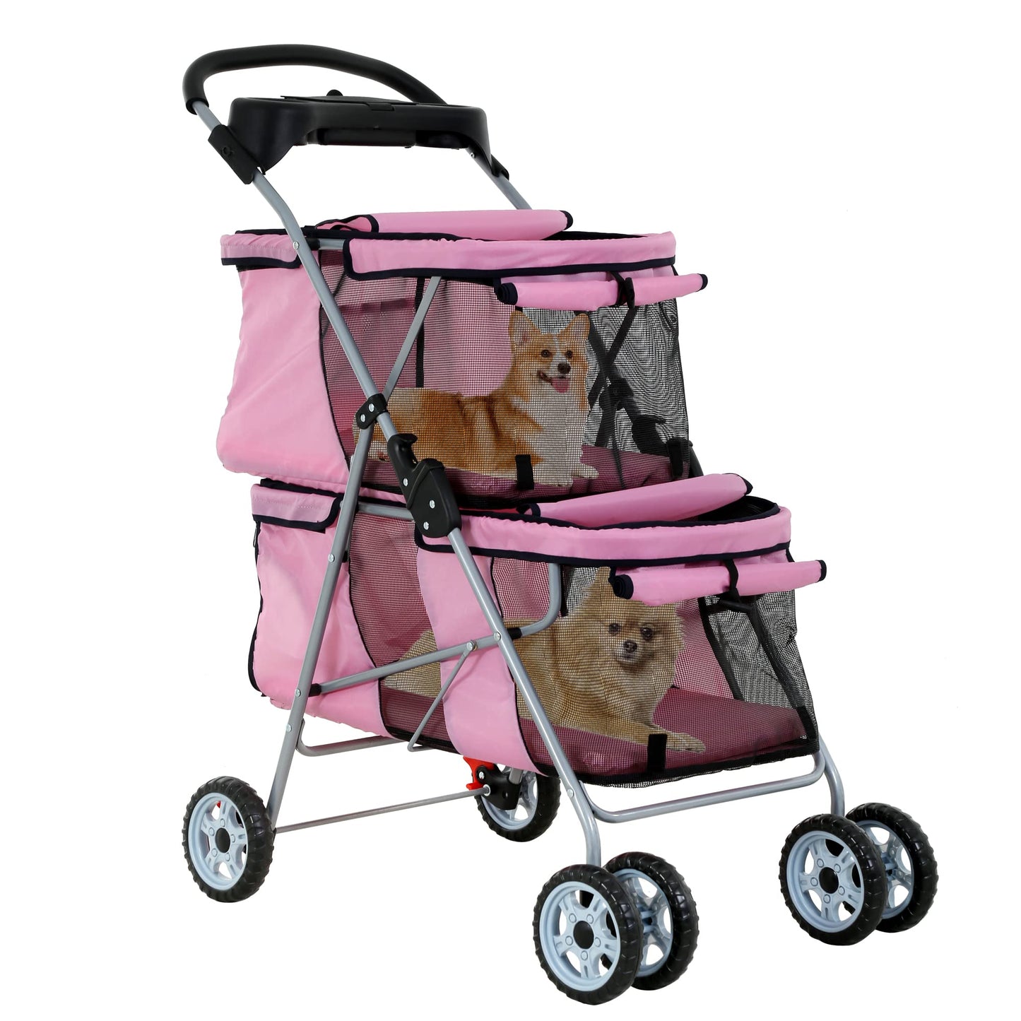 Double Layer Dog Stroller for 2 Small Dogs/Cats, 4 Wheels Pet Jogger With Removable Liner, Storage Basket, Rear Wheel Break - Folding Double Decker Portable Crate