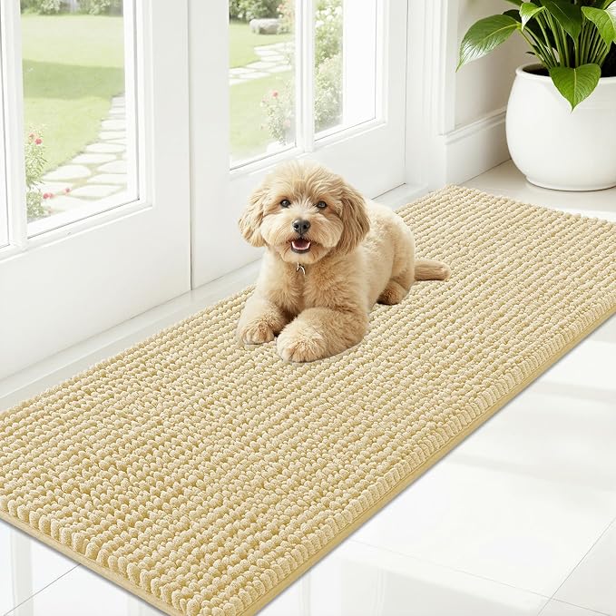 OLANLY Dog Door Mat for Muddy Paws 59x20, Ultra Absorbent Chenille Mud Doormat, Non-Slip Washable and Dirt Trapping Doormat for Indoor Entryway, Quick-Dry Indoor Pet Bed Mats for Dogs, Sand