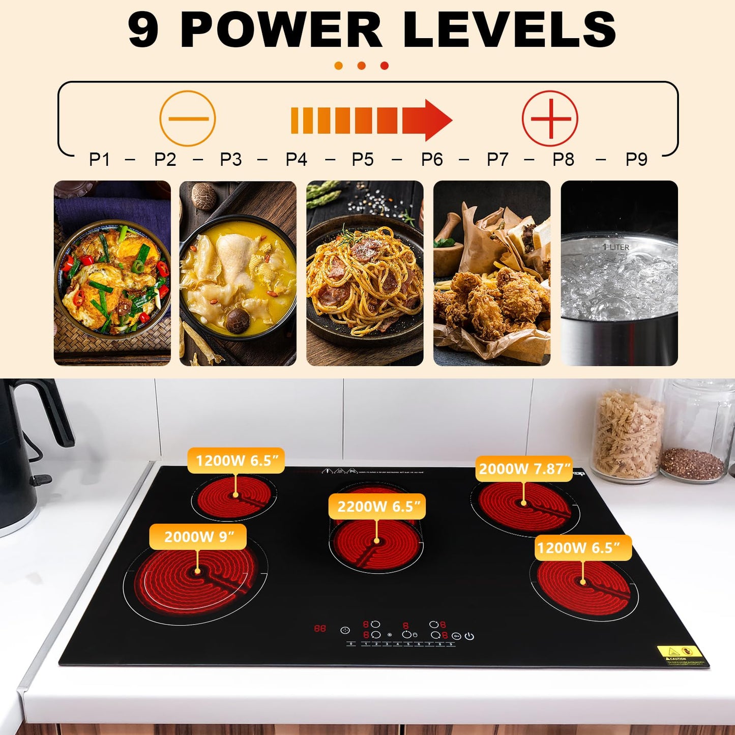 Winado 2 Burners Electric Ceramic Cooktop 20 inch, 220-240V Flat Top Stove, Multi-function Elecric Stovetop w/9 Heating Level, Timer & Kid Safety Lock, Sensor Touch Control, Timer Setting, Plug, 3000W