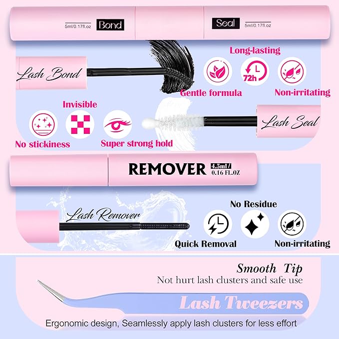 Lash Extension Kit Natural Lash Clusters Kit Wispy Eyelash Extension kit with Lash Bond and Seal and Lash Remover Eyelash Clusters Kit C Curved Individual Lashes by Lanflower
