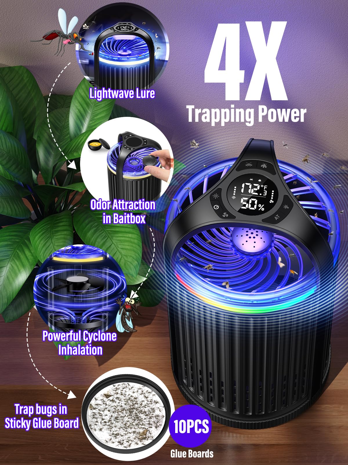 Fly Trap Indoor - Fruit Fly Traps for Indoors, Gnat Traps for House Indoor with 3-in-1 Multi-Insect Catching + UV&Blue Light + Fan Suction, Ideal for Garage/Kitchen/Patio/Plant Pots, 10 Refills, Black
