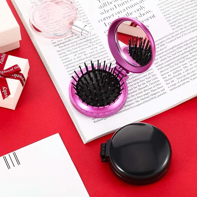 Boao 2 Pack Foldable Travel Mirror Hair Brushes Round Portable Folding Pocket Hair Brush Mini Comb Compact Travel Size Massage Comb for Men Women (Black, Purple)
