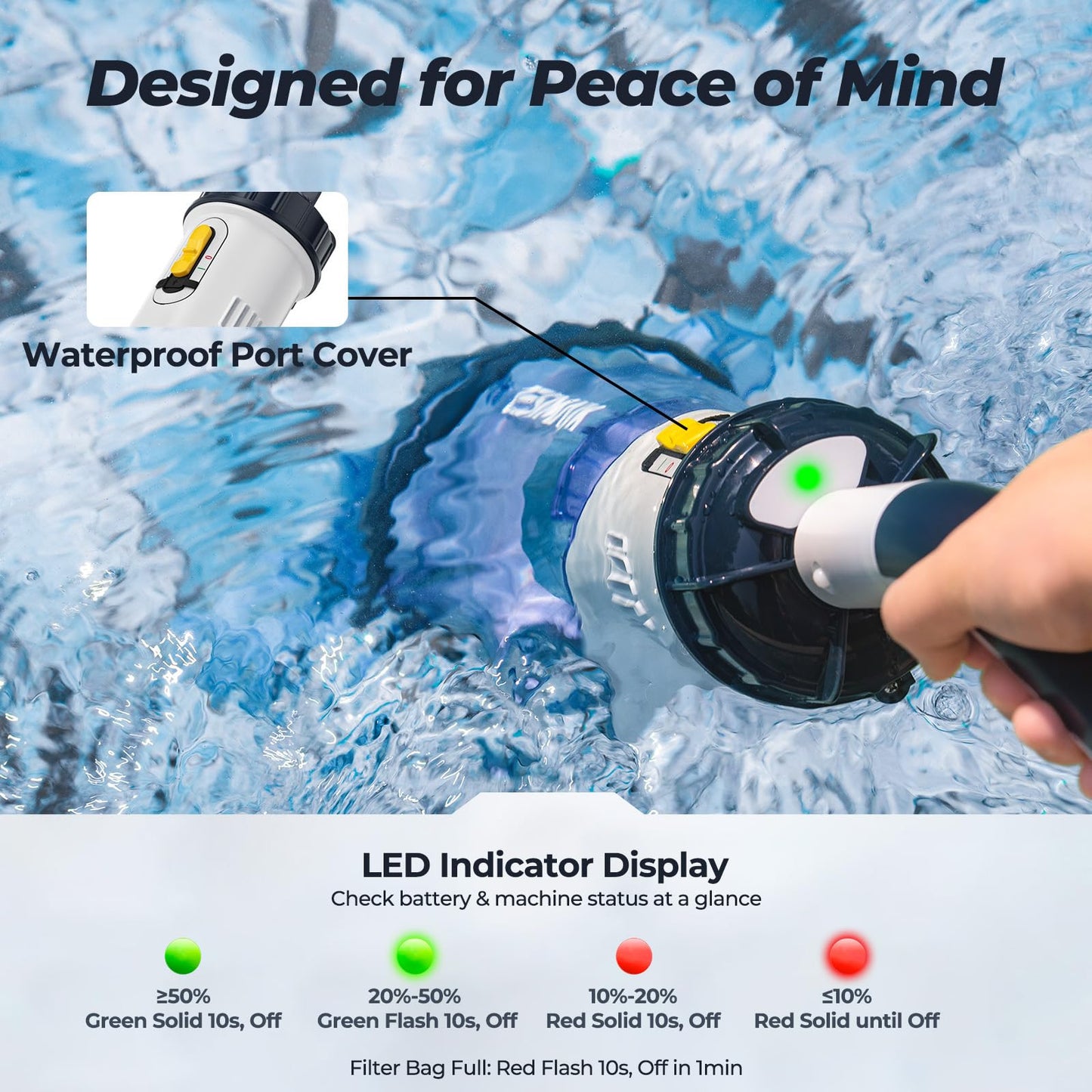 Pool Vacuum for Above Ground Pool, JESIMAIK 18.5 GPM Powerful Suction Handheld Pool Vacuum, 60min Runtime,Telescopic Pole Cordless Pool Vacuum for Above/Inground Pool, Spas, Hot Tubs Cleaning