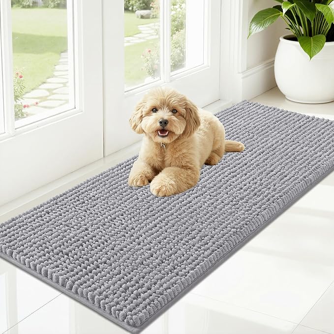 OLANLY Dog Door Mat for Muddy Paws 47x20, Ultra Absorbent Chenille Mud Doormat, Non-Slip Washable and Dirt Trapping Doormat for Indoor Entryway, Quick-Dry Indoor Pet Bed Mats for Dogs, Light Grey