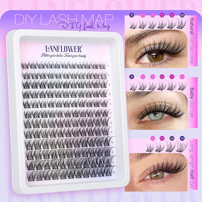 Natural Lash Clusters Kit Wispy Lash Extension Kit C Curved Eyelash Clusters Kit Natural Cluster Eyelash Extensions Kit 8-16mm Individual Lashes with Lash Bond and Seal Lash Tweezers by Lanflower