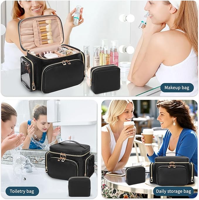 Makeup Bag, 2PCS Leather Large Travel Makeup Bag, Portable Waterproof Makeup Bag Organizer for Women with Makeup Brush Compartment, Cosmetic Travel Bag Vertical Storage Toiletry Bag, Black