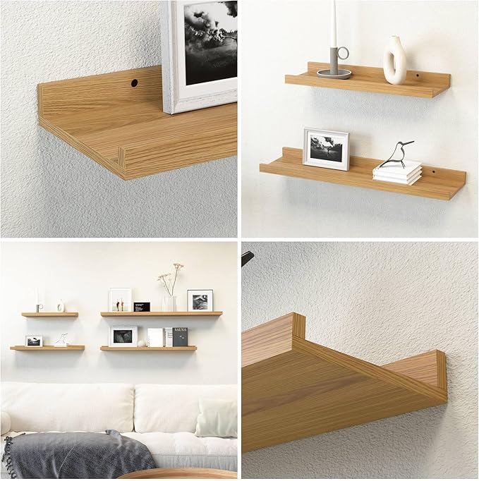 Boswillon Floating Shelves Set of 2, Modern Wall Shelves with Lip, Display Picture Ledge for Bedroom, Living Room, Bathroom, Kitchen - Oak