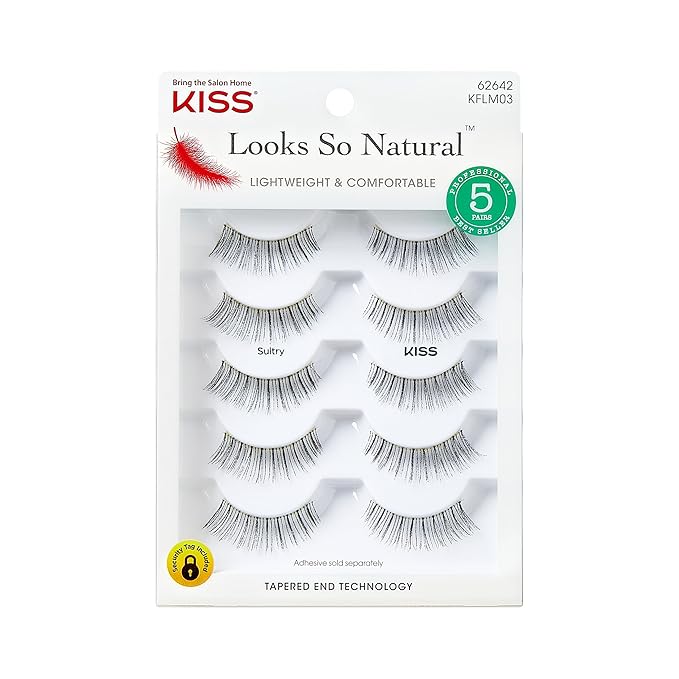 KISS Looks So Natural, False Eyelashes, 'Sultry', 12 mm, Includes 5 Pairs Of Lashes, Contact Lens Friendly, Easy to Apply, Reusable Strip Lashes, Glue-On