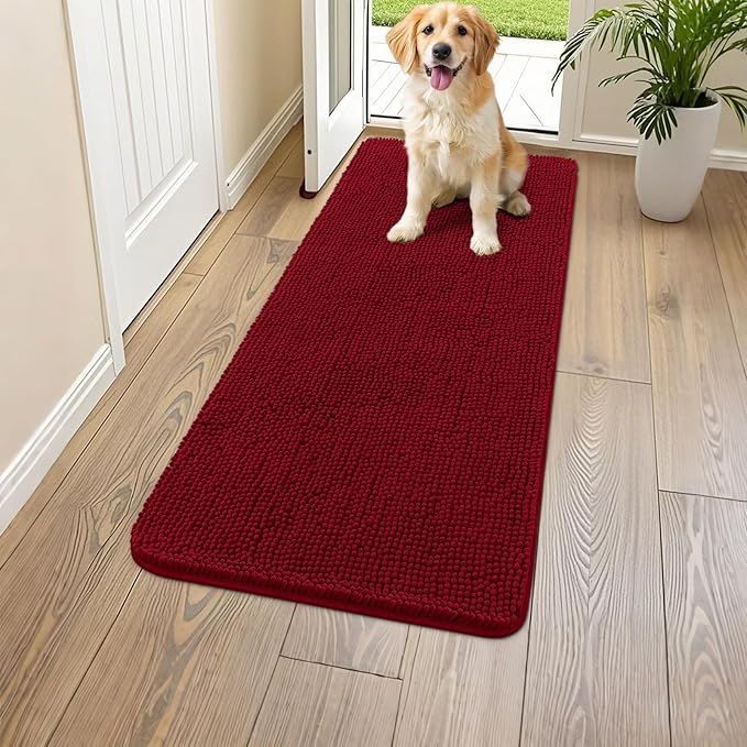 Smiry Dog Door Mat for Muddy Paws 47x24, Absorbs Moisture and Dirt Doormat, Non-Slip Washable Quick Dry Chenille Front Door Mat Indoor Entrance, Entryway Carpet for Inside Floor, Red