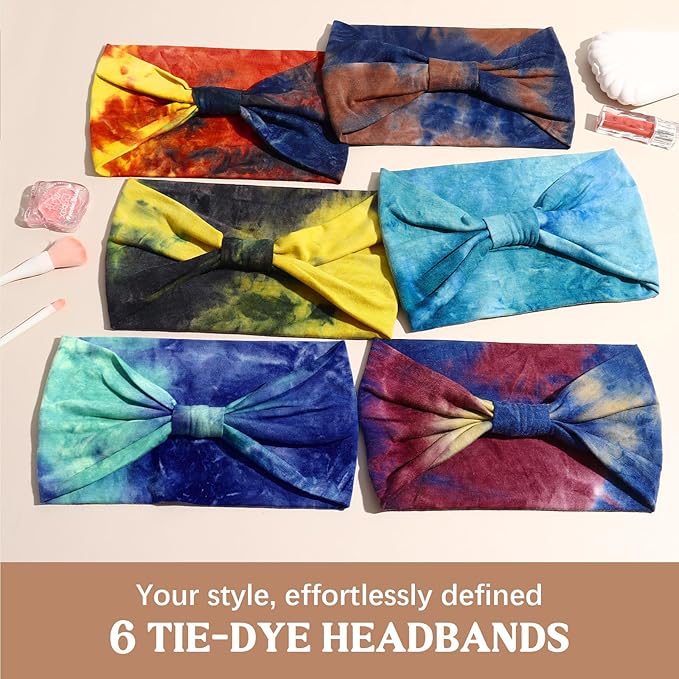 Awumbuk Wide Headbands for Women Knotted No Slip Head Bands Soft Turban Headband Hair Accessories Boho African Solid Color Head Wraps for Women Yoga Workout Pack of 6