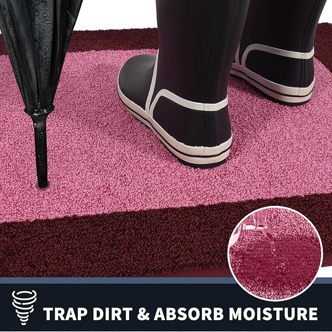 PURRUGS Dirt Trapping Door Mat 24" x 60", Non-Slip Washable Entry Mat, Dog Doormat, Front Door Mat, Super Absorbent Entrance Mat for Muddy Shoes & Paws, Pink & Burgundy Red