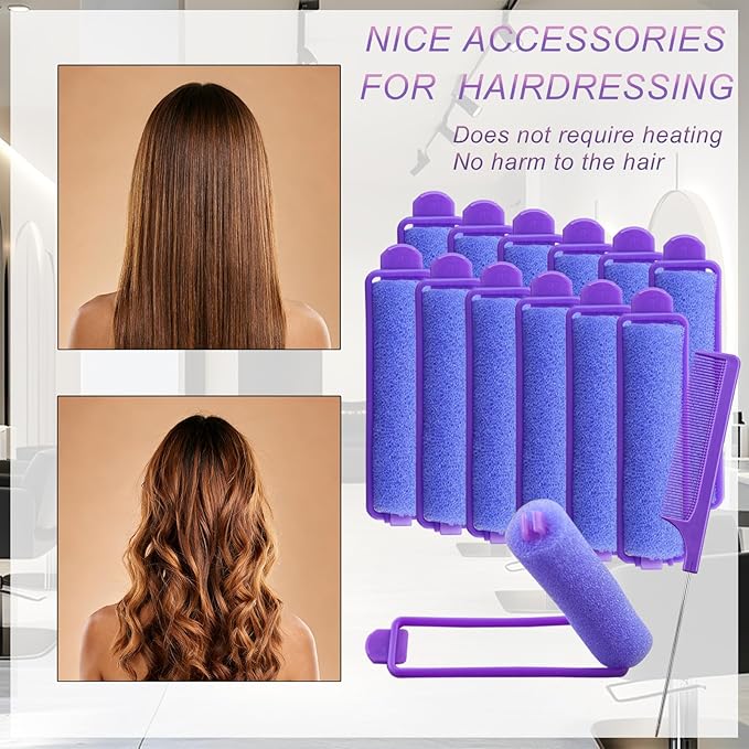 44 Pcs Foam Sponge Hair Rollers Set 0.59 Inch Flexible Hair Styling Sponge Curler Soft Sleeping Hair Curlers and Stainless Steel Rat Tail Comb Pintail for Hairdressing Styling(Purple, Pink)