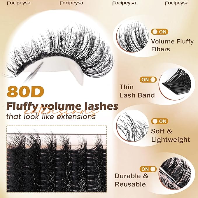 Focipeysa Eyelash Extension Kit, 200pcs 80D Mink Fur False Eyelashes, 10-18mm DIY Lash Clusters, Matte Black, Vegan, Cruelty Free, Includes Lash Bond & Remover, Tweezers