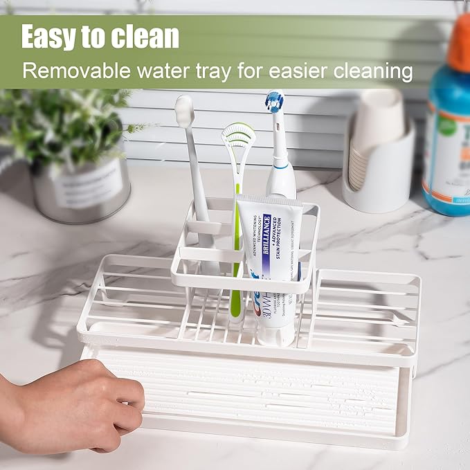 Toothbrush Holders for Bathrooms, Carbon Steel Tooth Brushing Holder Electric Toothbrush and Toothpaste Organizer Bathroom Accessories for Countertop, Shower, Sink, 5 Slots, White