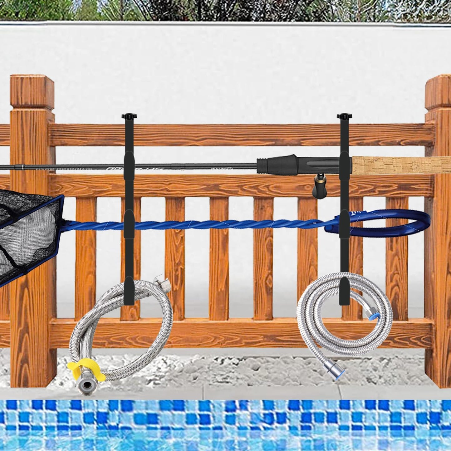 ECcandiedhaws 2Pcs Black Pool Pole Hangers, Adjustable Heavy Duty Swimming Pool Fence Hooks for Pool Equipment, Skimmers, Leaf Rakes, Nets, Brushes, Vacuum Hose, Garden Tool Organizer