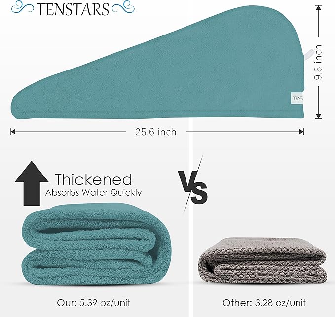 TENSTARS 5 Pack Thicken Microfiber Hair Towel Wrap for Women - Elastic Loop Design - 320GSM Coral Velvet - Quick Dry Hair Turban - 11x28 Inch (Aqua Green+Pink+Burgundy+Teal+Grey)