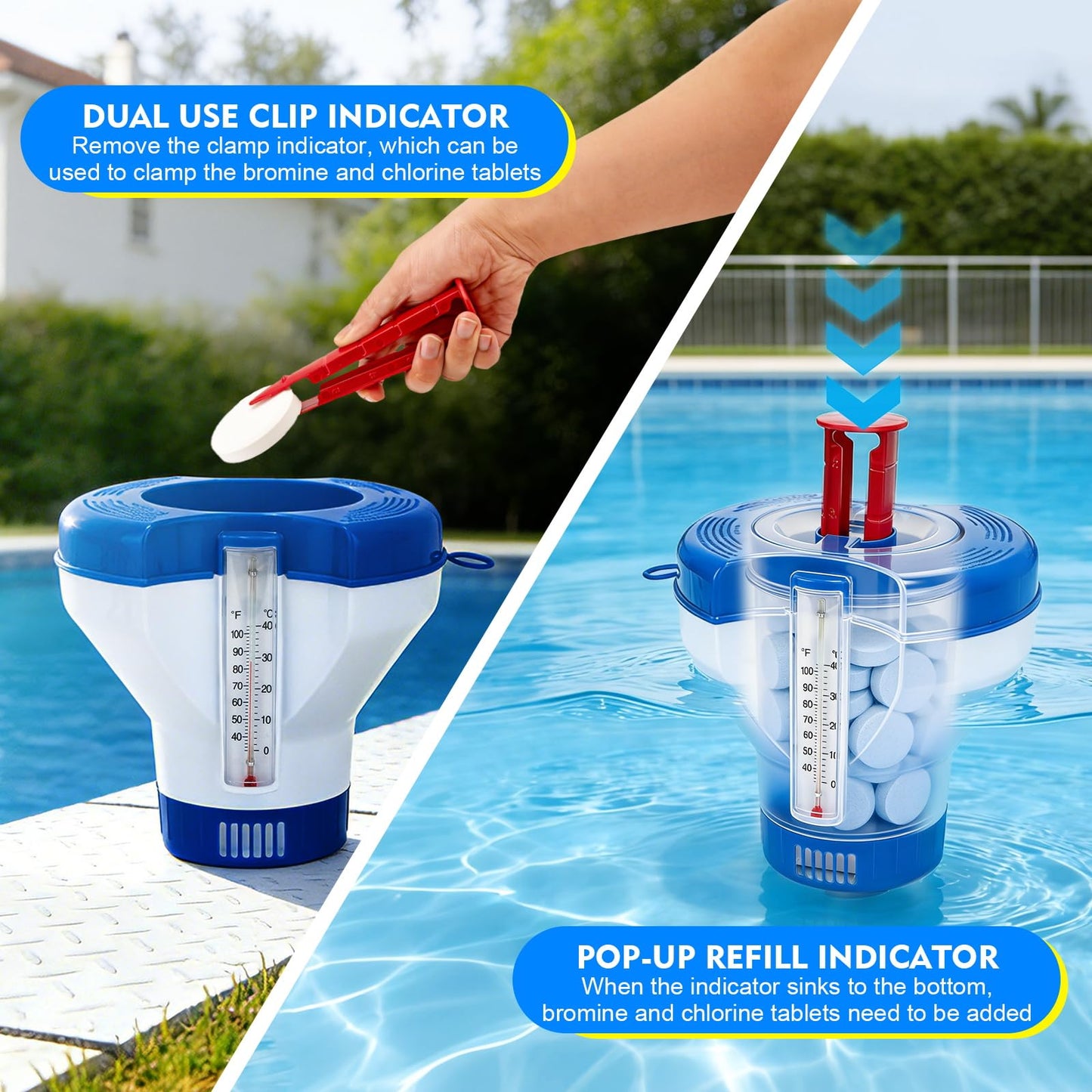Pool Chlorine Floater Dispenser with Thermometer - 8" Pool Floater Pop-Up Refill Indicator Large Floating Chlorine Holder for 1 to 4 inch Tablets Floating Dispenser for Pools Spas Hot Tubs