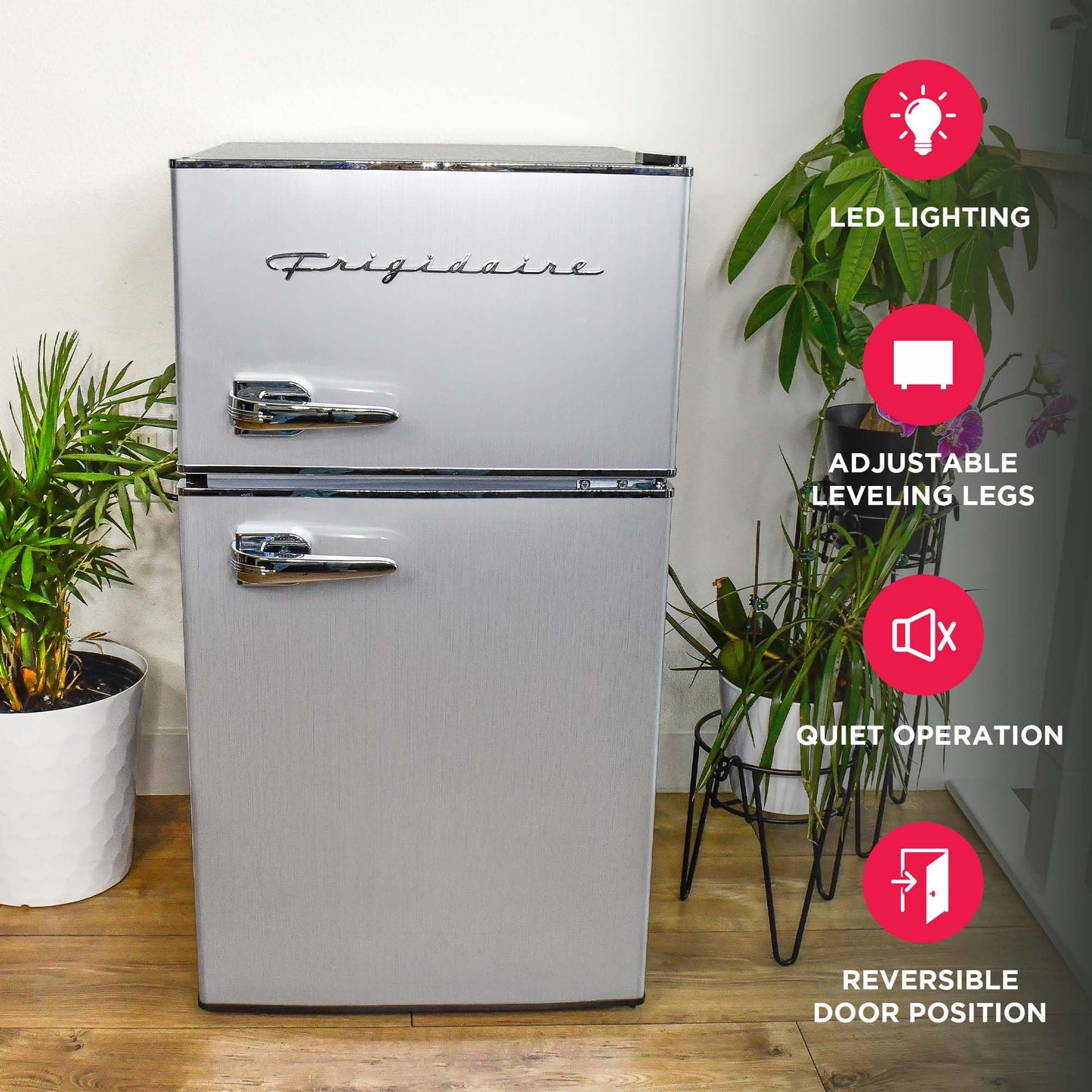 Frigidaire EFR3A1 Compact Small Top-Freezer Refrigerator, Stainless Steel Mini Bar Fridge, Platinum Series-21.26" D x 17.83" W x 33.5" H, 3.2 cu ft Double Door