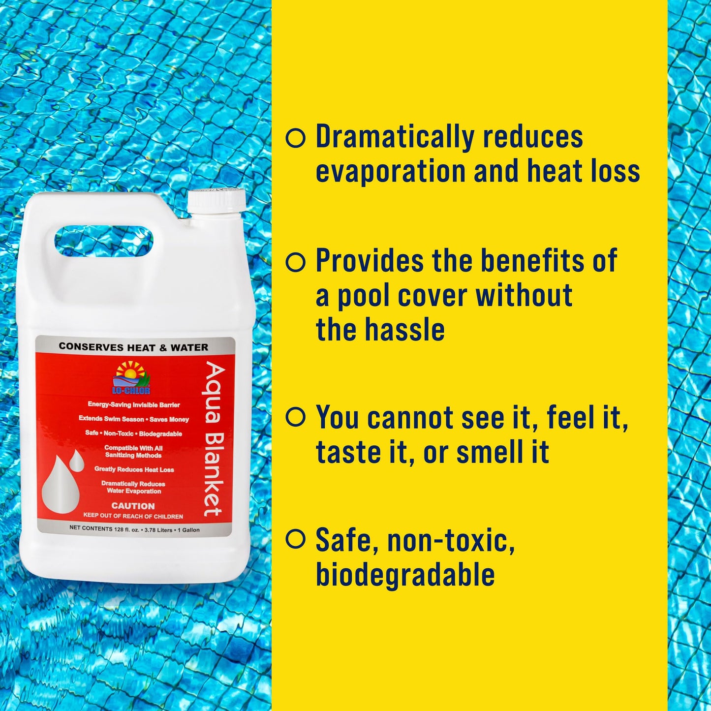 LO-CHLOR Aqua Blanket - The Liquid Solar Blanket for Pools and Energy Saving Liquid Pool Cover, Non-Toxic and Safe Pool Evaporation Prevention, Greatly Reduces Heat and Chemical Loss AB009-12 (128 Oz)