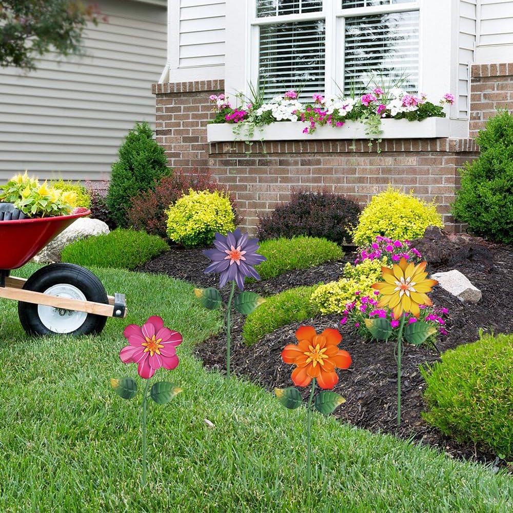 hogardeck Metal Flower Decorative Garden Stakes,4 Pcs 19" Outdoor Garden Decor with Shaking Flower Head Yard Stakes, Yard Art Spring Decorations for Patio Lawn (Pink & Yellow & Purple & Orange)
