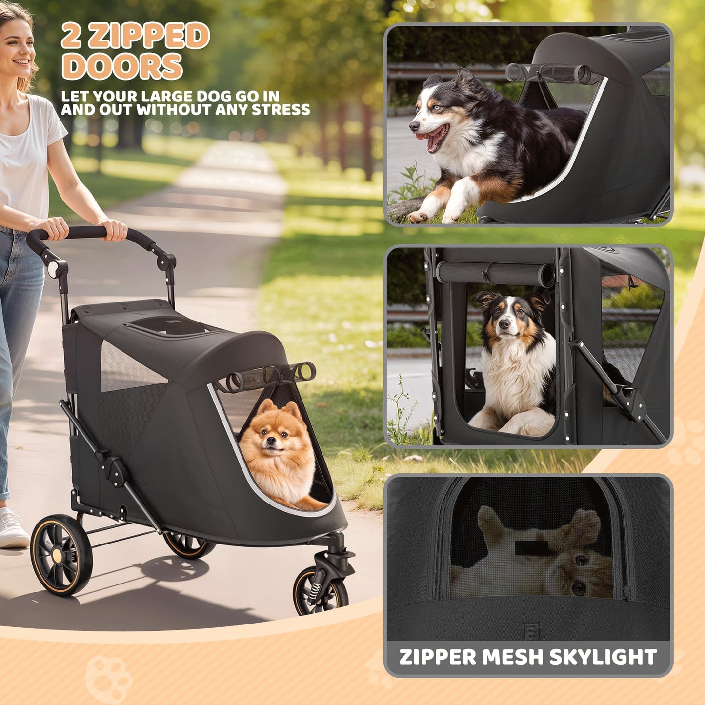 Magshion Pet Stroller for Medium Dogs w/Adjustable Handle, 3-Wheel Dog Cat Wagon w/Dual Entry, Rear Storage, Breathable Mesh, One-Foot Brake, Ideal for Large Pets up to 55 lbs, Black