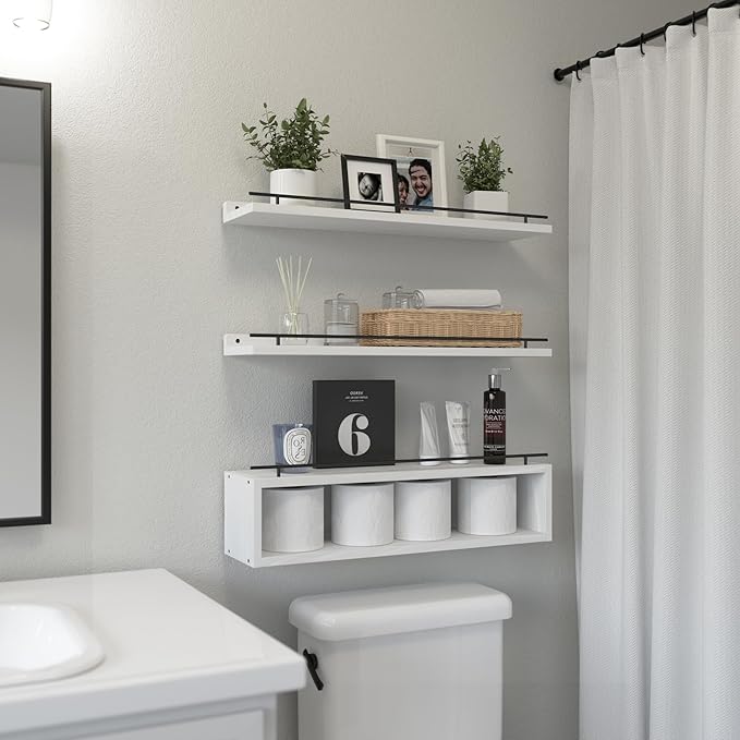 WOPITUES Floating Shelves for Wall 24 inch with Cube Shelf, Wall Shelves with Metal Rail for Bathroom Decor, Bathroom Organizers and Storage, Over Toilet Shelves, Toilet Paper-White