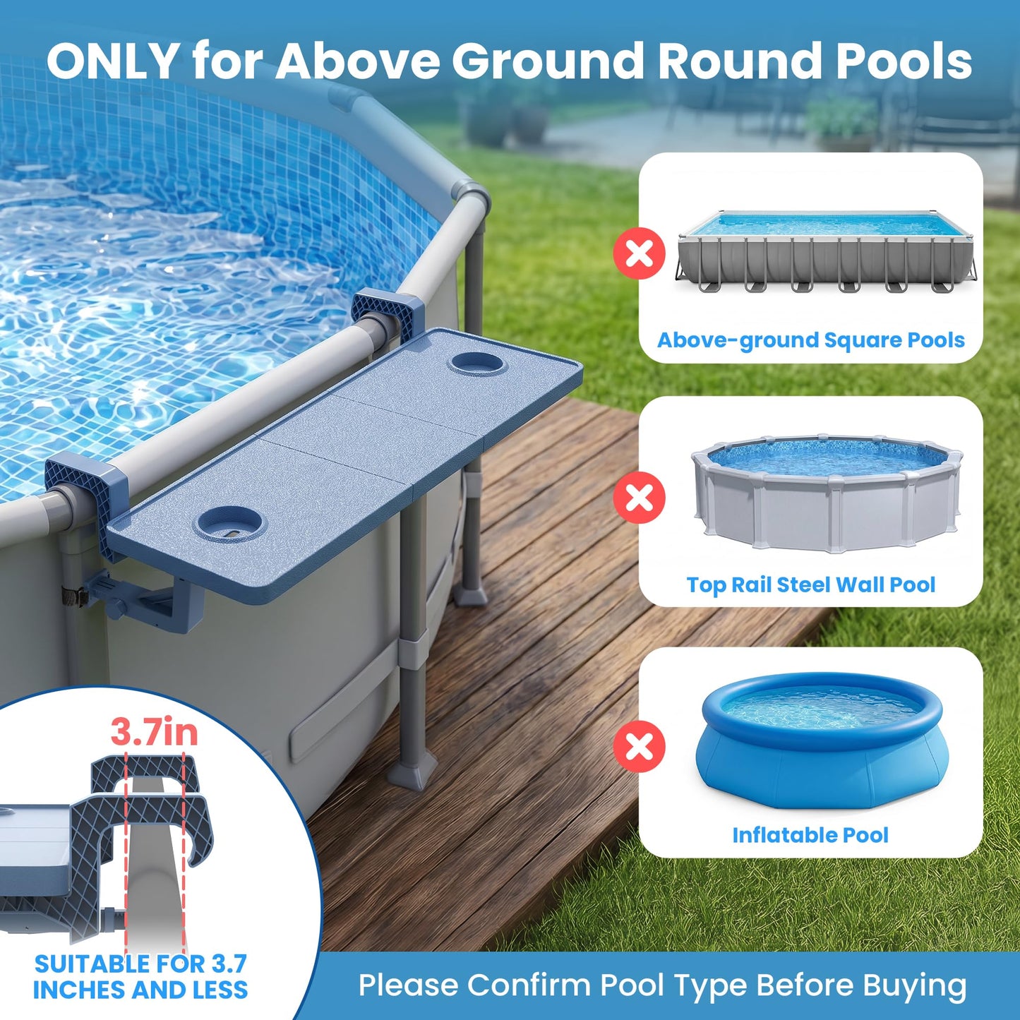 Pooljoyo Poolside Bar For Above Ground Pool, Outdoor Pool Bar Table for Above-Ground Round Pool,40.5in Length Adjustable Poolside Table Pool Shelf with Pool Drink Holder, Above Ground Pool Accessories