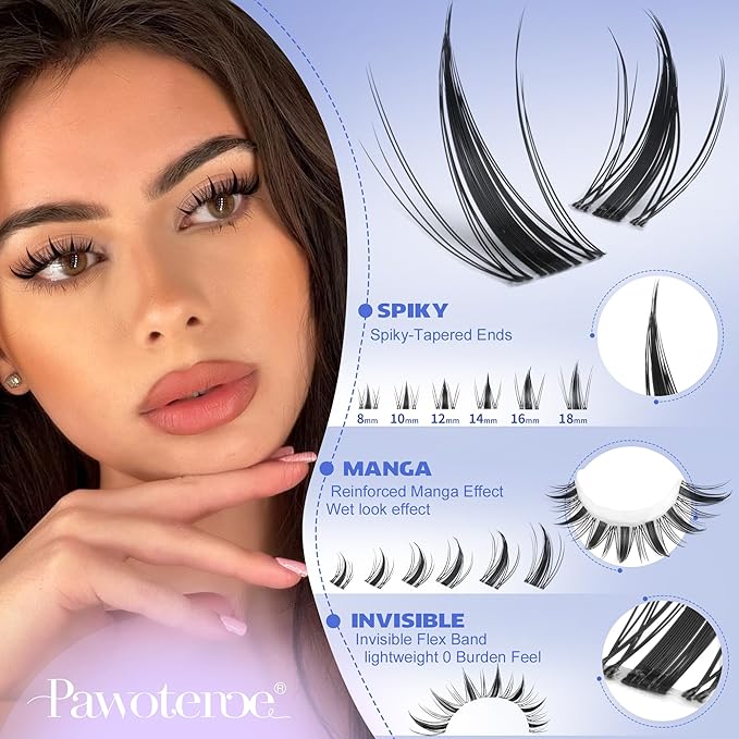 Pawotence Manga Lash Clusters Kit Eyelash Clusters 8-18mm Lash Extension Kit Fairy Individual Lashes Cluster Wispy Lashes Cluster Invisible Band Cluster Eyelash Extensions Kit for Beginners