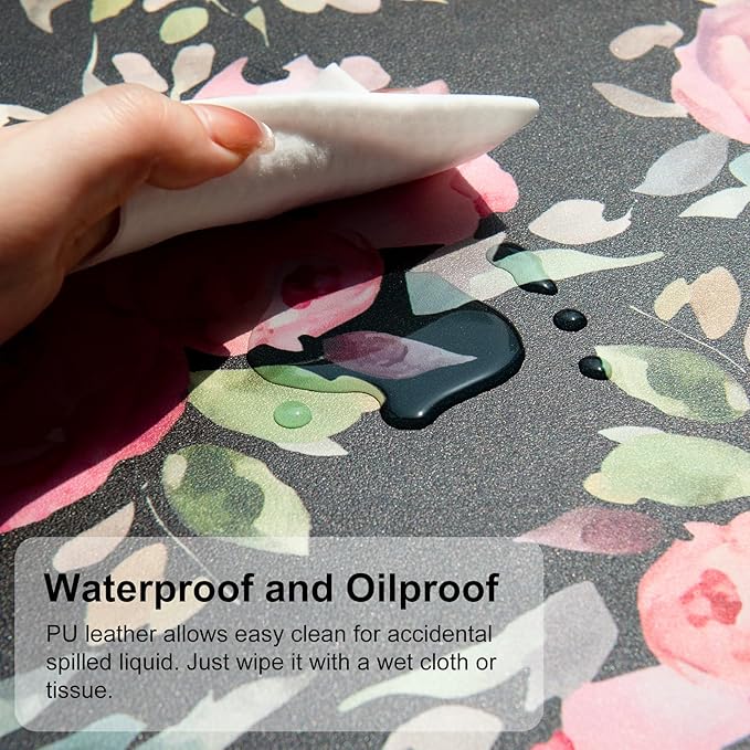 QIYI Large Mouse Pad, Floral Desk Mat for Desktop, Women Girls Watercolor Pink Flowers Office D??cor Desk Accessories, PU Leather Waterproof Gaming Mousepad, Black Desk Pad Computer Mat, 31.5" x 11.8"